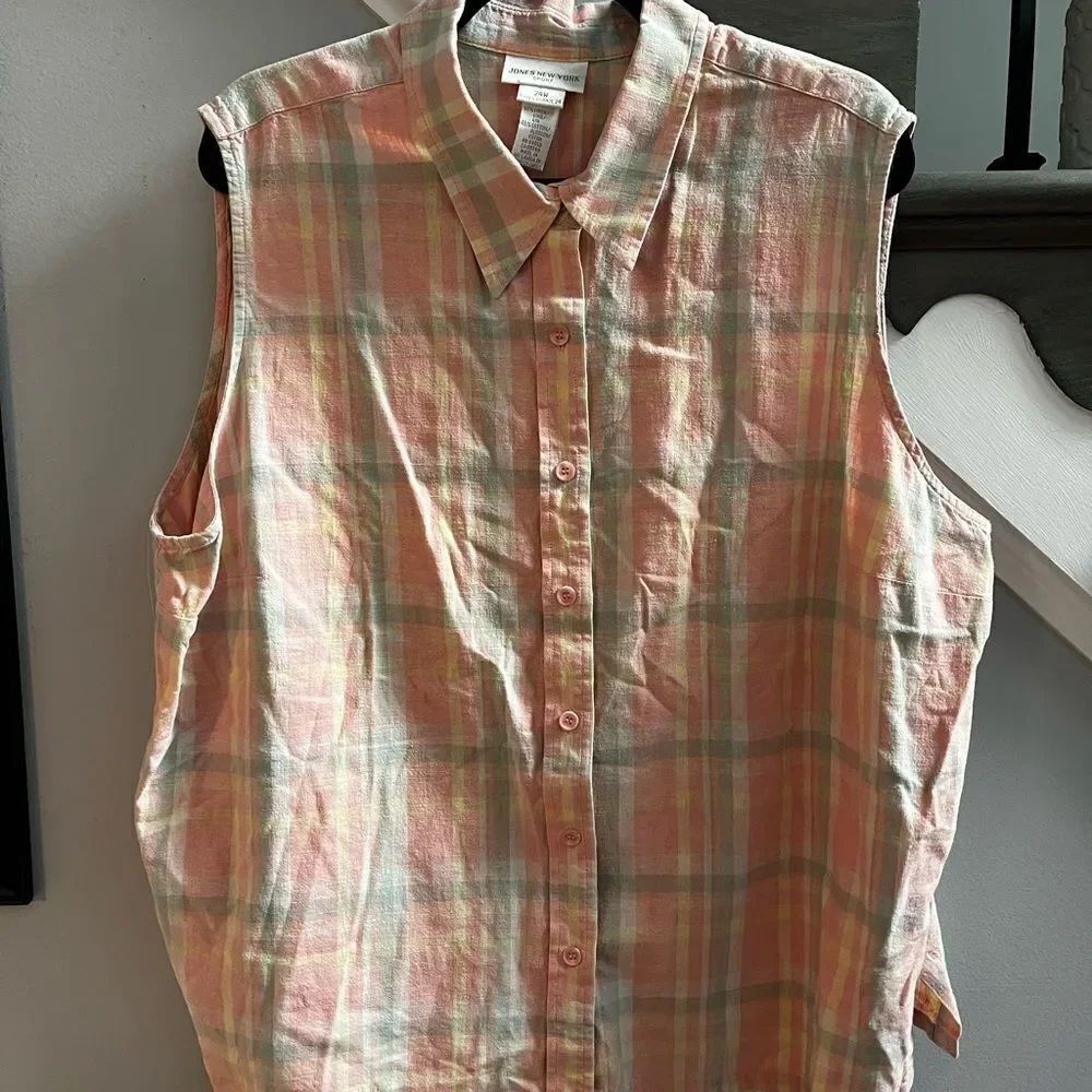 Jones New York Sport Pink & Mint Linen Blend Sleeveless Button Down Shier sz 24W